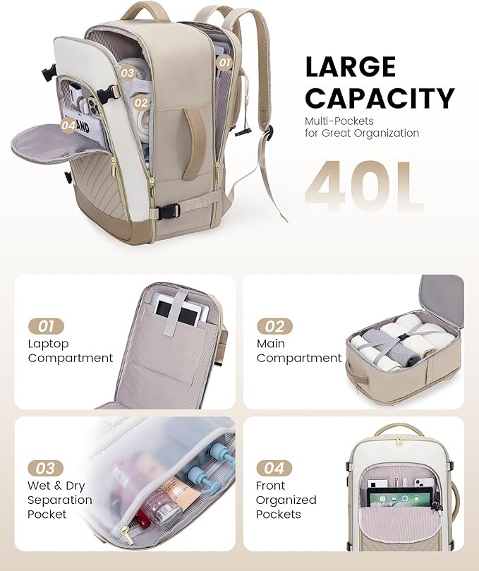 LOVEVOOK Large Travel Backpack for Women, TSA Carry on Backpack for Airplanes, 40L Personal Item Travel Bag for Women fits 17" Laptop,Waterproof Carry on Bag Airplane Approved with 3 Packing Cubes