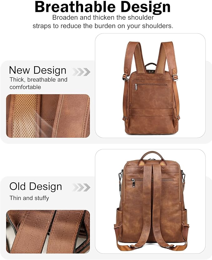 FADEON Leather Laptop Backpack for Women Designer 15.6 inch PU Laptop Bag, Ladies Travel Computer Work Backpack Brown