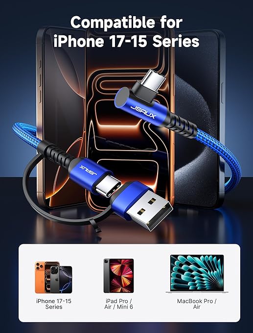 JSAUX 100W USB C Cable [2-Pack 10FT], Right Angle Fast Charging Cord with USB A to C Adapter for iPhone Air/iPhone 17/ iPhone 17 Pro/iPhone 17 Pro Max, iPhone 16/15, Samsung, MacBook, iPad - Blue
