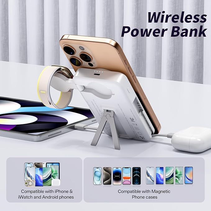 Magnetic Portable Charger Built-in Cables,10000mAh Fast Charging Wireless Charger Station External Battery Pack Slim Pocket Size Power Bank with Stand Compatible with iWatch, iPhone