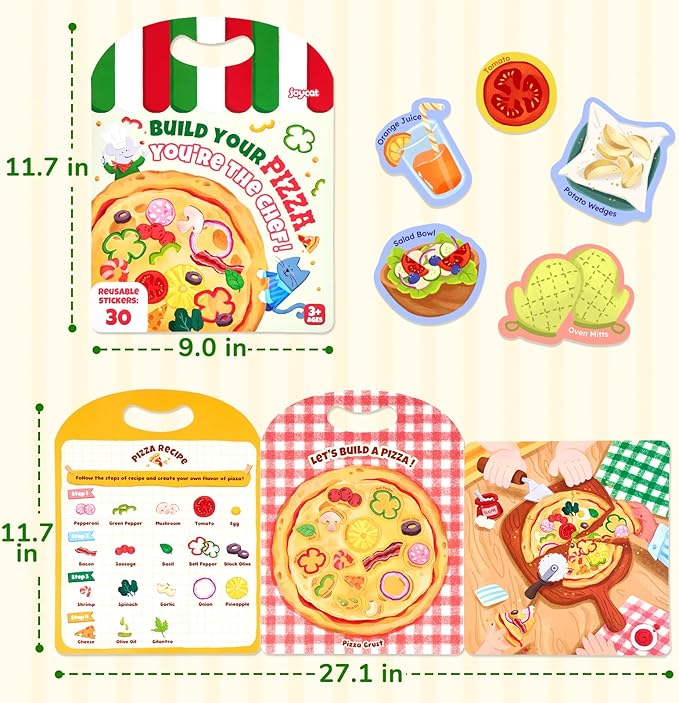 JoyCat Reusable Sticker Book - Stickers for Toddlers, Kids Sticker Activity Book, Travel Toys for Road Trip, Car & Airplane, Educational Learning Gifts for Boys and Girls Ages 3-5 (Pizza-Making)