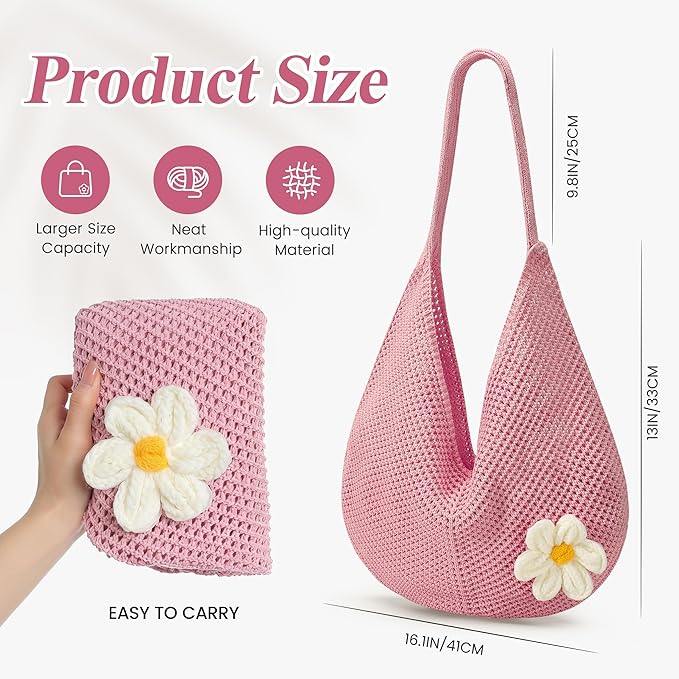 Premillow Crochet Beach Bags for Women, Summer Beach Tote Bag, Mesh Cute Beach Purse, Aesthetic Knit Bag Handbag Shoulder Bag