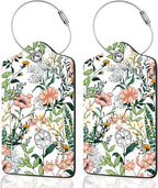 2Pack Luggage Tags for Suitcases, Cute Unique Pu Leather Cruise Luggage Tag with Privacy Cover ID Label Address Card and Metal Ring Suitable for Women Men Kids Travel Bag Green leaves, pink flowers