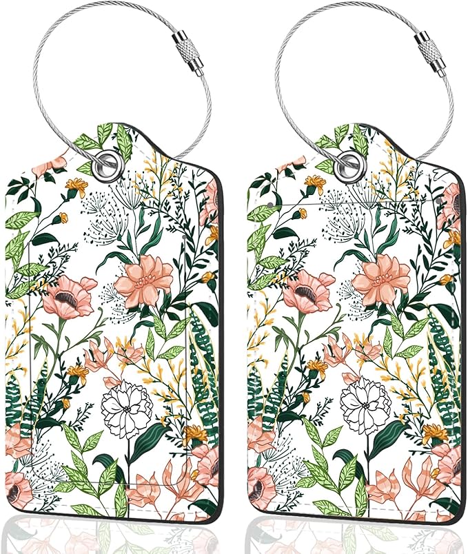 2Pack Luggage Tags for Suitcases, Cute Unique Pu Leather Cruise Luggage Tag with Privacy Cover ID Label Address Card and Metal Ring Suitable for Women Men Kids Travel Bag Green leaves, pink flowers