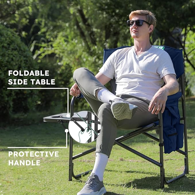 Colegence Oversized Directors Camping Chair Support 600 LBS, Heavy Duty Folding Outdoor Chairs with Detachable Side Pocket and Adjustable Side Table for Outside Beach,Lawn,Fishing,Dark Blue