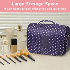 Toiletry Bag Travel Bag with Hanging Hook, Waterproof Capacity Hanging Multifunctional Makeup Bag for Toiletries, Portable Cosmetic Bag Travel Organizer for Women and Men(Navy Dot)