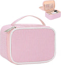 Relavel Travel Makeup Bag, Small Pink Cosmetic Bag with 2 Makeup Brush Holders, Portable Makeup Pouch for Women, Cute Toiletry Bag with Double Layer Organizer, Strip