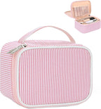 Relavel Travel Makeup Bag, Small Pink Cosmetic Bag with 2 Makeup Brush Holders, Portable Makeup Pouch for Women, Cute Toiletry Bag with Double Layer Organizer, Strip