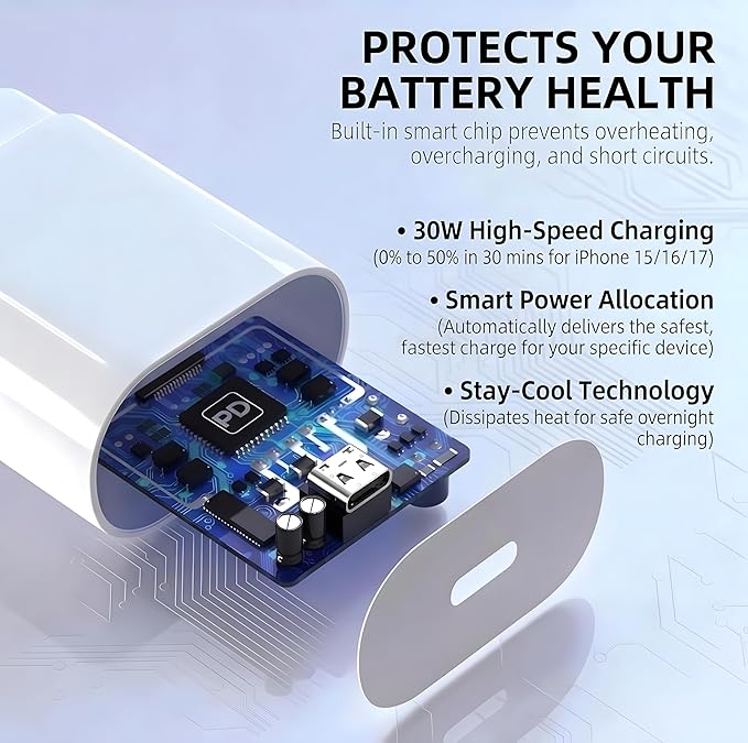 TT&C 30W USB-C Super Fast Charger with 6ft Type C Cable, PD Wall Block Compatible with iPhone 17/16/15 Pro Max/Air, iPad Pro, and Galaxy S25/S24-1 Pack