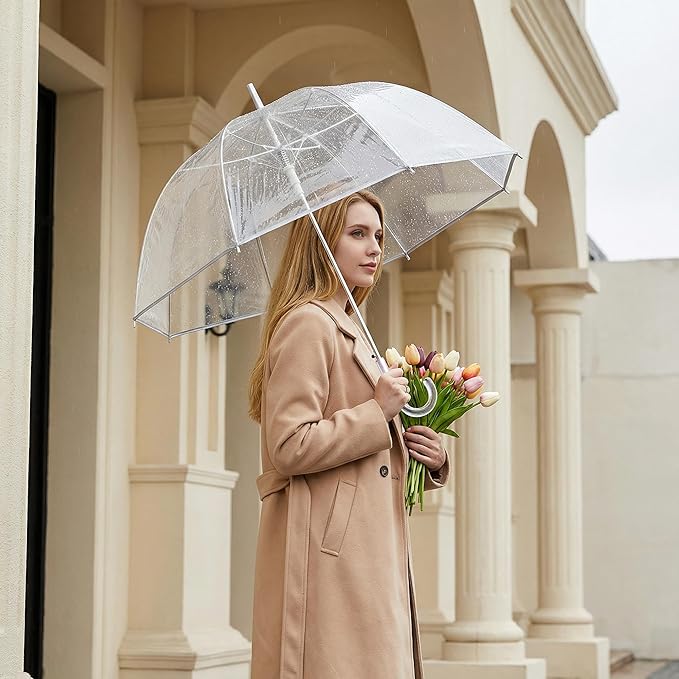 G4Free 52 inch Clear Bubble Umbrella, Large Canopy Transparent Dome Coverage Stick Umbrella, J Hook Handle European Style for Weddings,Prom,Graduation and Outdoor Events