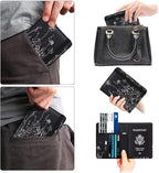 WALNEW Passport Holder for Travel, RFID Passport Cover Wallet for Women Men, PU Leather Passport Book Card Holder Case with Pen (Elastic Band Closure, D-Black Flowers)