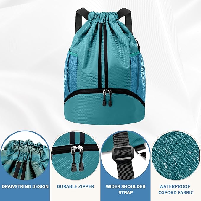 JELUTAR Drawstring Backpack Gym Bag with Shoes Compartment for Soccer, Basketball, Swim, Water-Resistant String Backpack Beach Cinch for Women Men, Teal