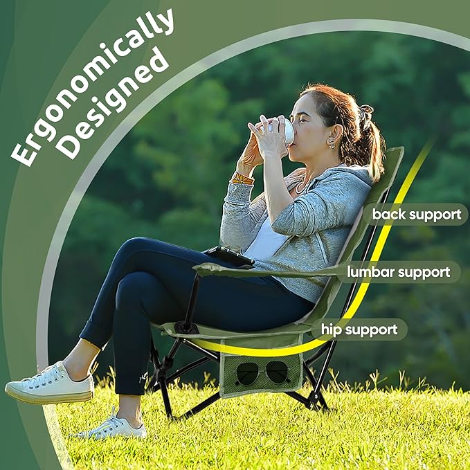 HaSteeL Folding Beach Chair Set of 2, Foldable Green Camping Chairs for Outside, Low Beach Chair Portable for Adults Fishing, Picnic, Outdoor BBQ, Travel, Sports, Cup Holder & Storage Bag