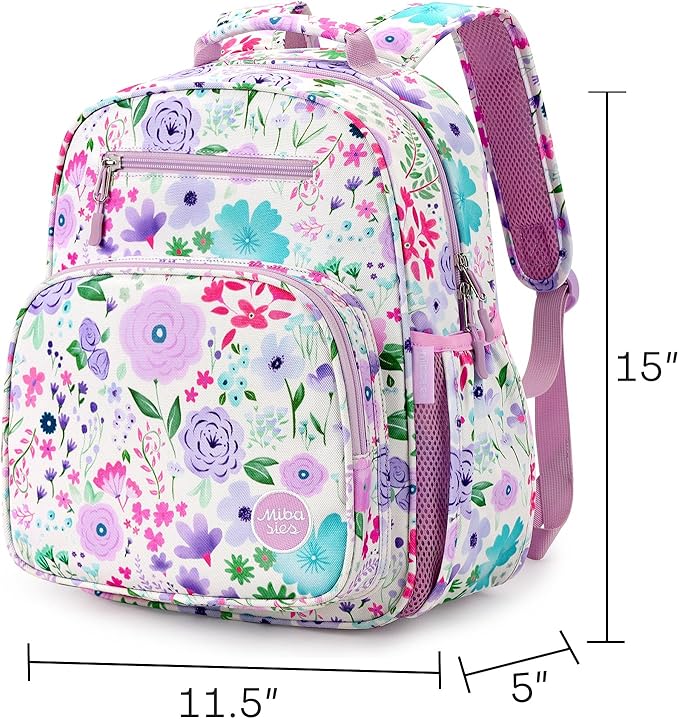 mibasies Kids Backpack for Girls: Girls Backpack 5-8 - Kindergarten Elementary School Bookbag for Girl - Flower Light Purple