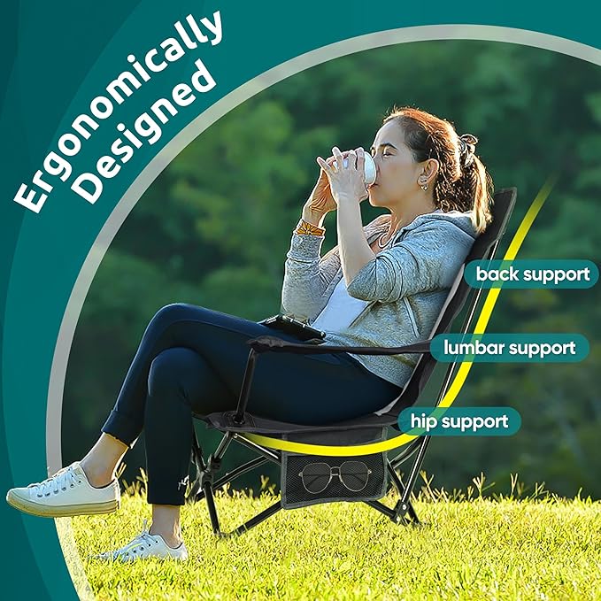 HaSteeL Folding Beach Chair, Foldable Black Camping Chairs for Outside, Low Beach Chair Portable for Adults Fishing, Picnic, Outdoor BBQ, Travel, Sports, Cup Holder & Storage Bag