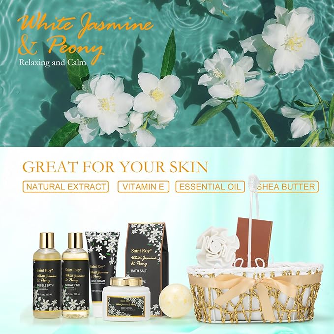 Mothers Day Gifts for Women Spa Day Gifts for Women, White Jasmine Peony Spa Gift Basket Set, Self-Care Relaxation Bath Kit, Nail Clippers, Bath & Body Care Set, Birthday, Christmas, Anniversary