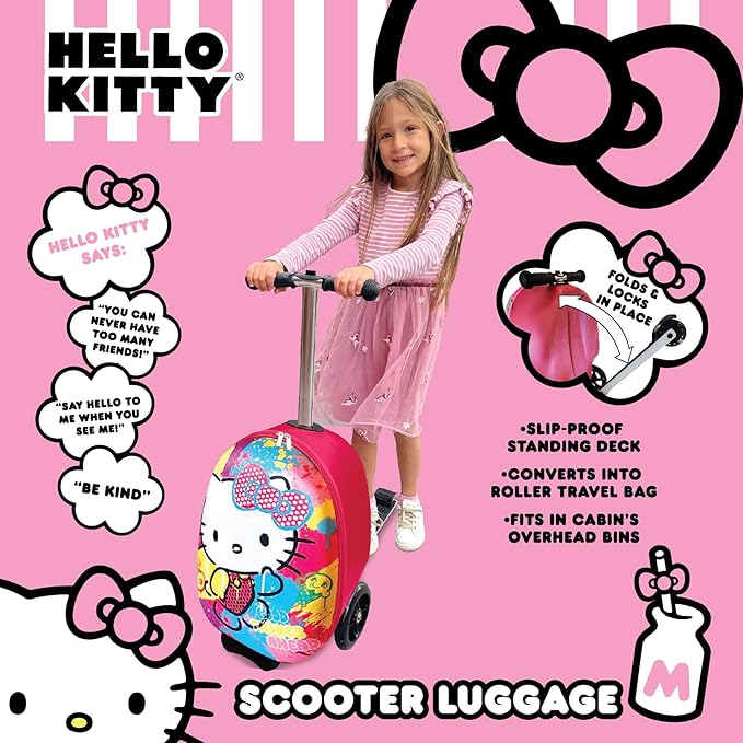Fast Forward Hello Kitty 18" Ride-On Suitcase Scooter - Lightweight Carry-On Foldable Scooter Luggage