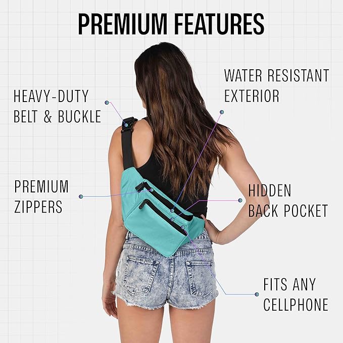Teal Fanny Pack Belt Bag I Mens Fanny Packs for Women Fashionable - Crossbody Bag Bum bag Waist Bag Waist Pack - Hands Free for Hiking, Running, Travel, Waterproof and more