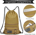 seyfocnia Drawstring Backpack Tactical String Bag with Zipper Pockets Waterproof Cinch Bag Sport Gym Sackpack - Khaki