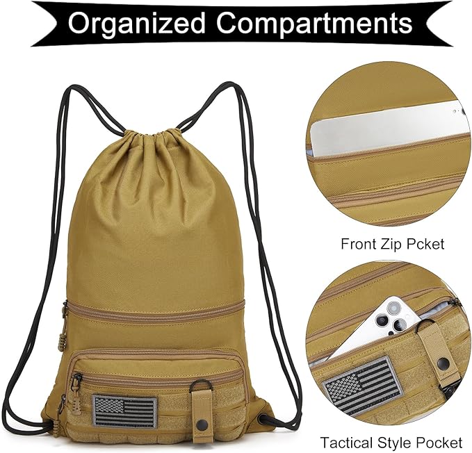 seyfocnia Drawstring Backpack Tactical String Bag with Zipper Pockets Waterproof Cinch Bag Sport Gym Sackpack - Khaki