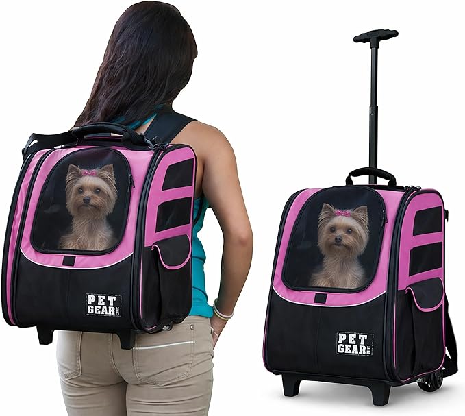 Pet Gear I-GO2 Traveler Roller Backpack, Travel Carrier, Car Seat for Cats/Dogs, Mesh Ventilation, Included Tether, Telescoping Handle, Storage Pouch, Pink Diamond