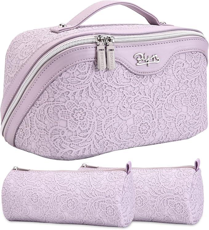 BOYATU Travel Makeup Bags Cosmetic Organizer Bag: 3-Set Large Capacity Make up Bag - PU Leather Toiletry Bags for Women - Wide Open Portable Pouch with Divider & Handle (A-Violet)