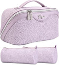 BOYATU Travel Makeup Bags Cosmetic Organizer Bag: 3-Set Large Capacity Make up Bag - PU Leather Toiletry Bags for Women - Wide Open Portable Pouch with Divider & Handle (A-Violet)