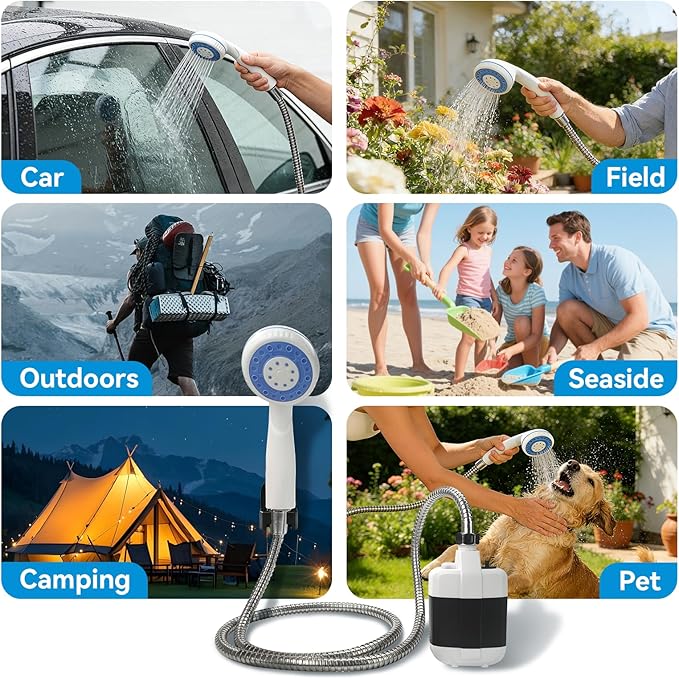 Portable Rechargeable Camping Shower Pump - 4000mAh Battery Outdoor Shower Head Sprayer, Draws Water from Bucket for Camping, Hiking, Travel, Car Washing & Pet Cleaning