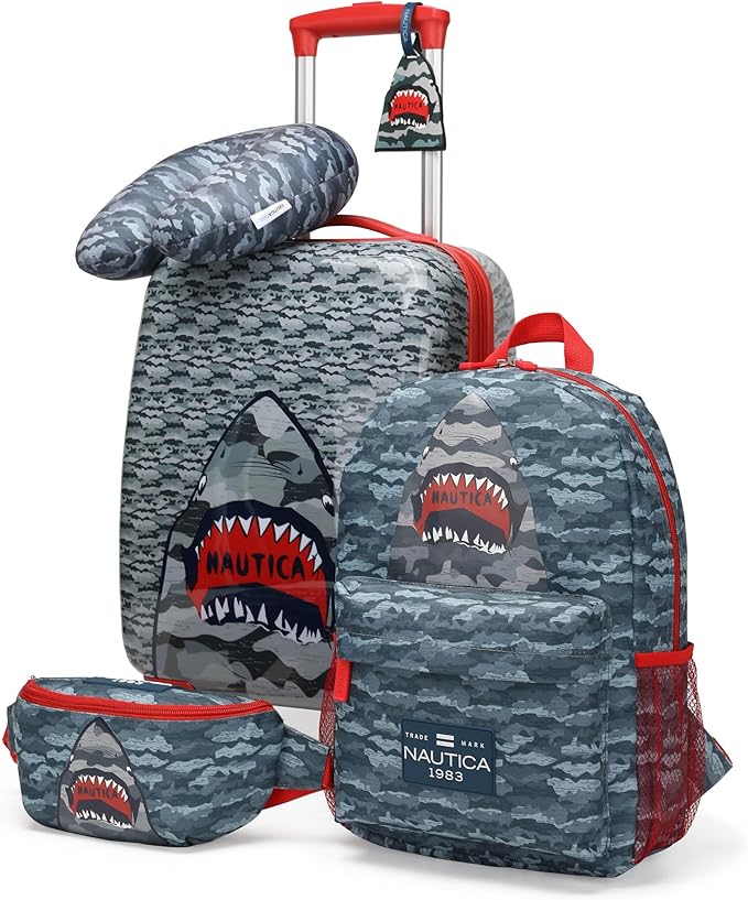 Nautica Kids Luggage - 18" Airline Approved Rolling Hardside Upright Carry-on Suitcase Set with Wheels (Shark Attack | 5pc Travel Set)