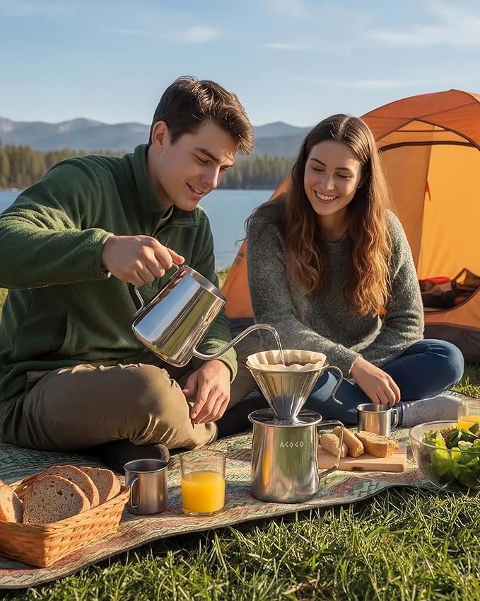 AGOGO Pour Over Coffee Maker Set - Unbreakable 304 Stainless Steel V60 Dripper & Server for Camping & Home, Includes 50 Paper Filters & Barista Towel - Silver - 20oz
