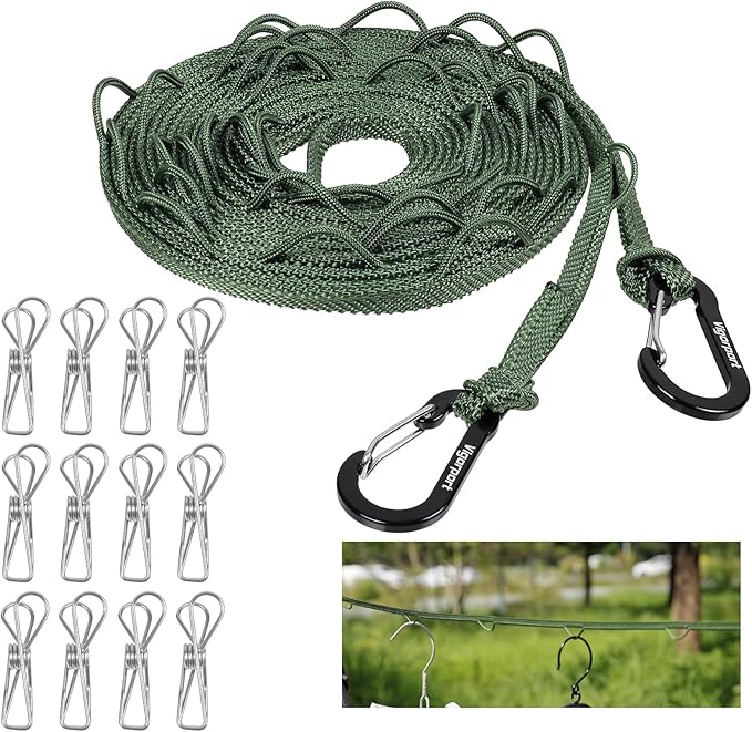 Vigorport Portable Travel Clothesline, Windproof Clothes Line with Hang Hole, Indoor and Outdoor Laundry Line with Clothespins for Hotel, Camping, RV, Cruise Ship (Green, 13.8Ft)