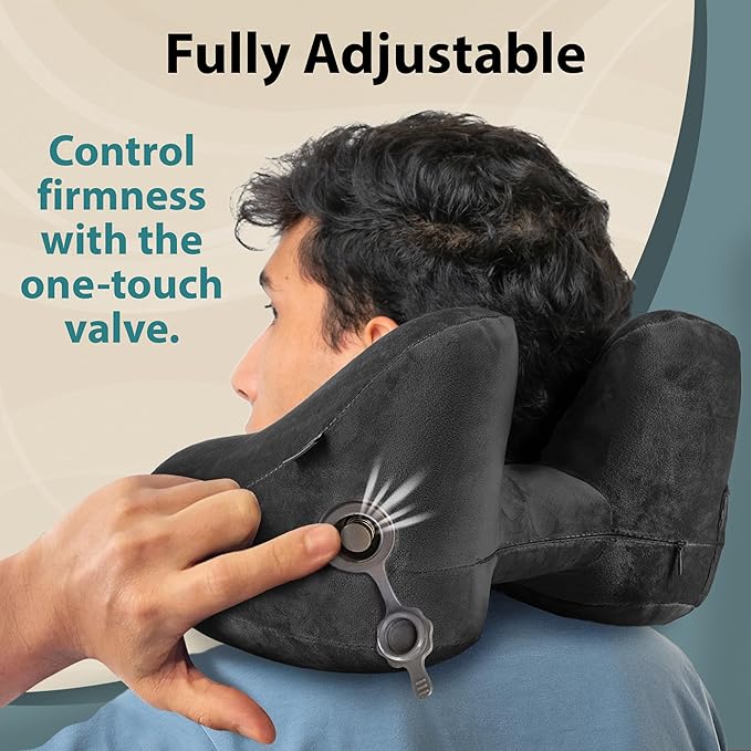 FLOWZOOM Air Inflatable Neck Pillow for Traveling on Plane - H-Shape Hooded Airplane Pillow with 5 Snooze Modes, Fast Inflation, Pressure Control, Cozy Clip-On Hood & Plushy Cover - Size L, Jet Black