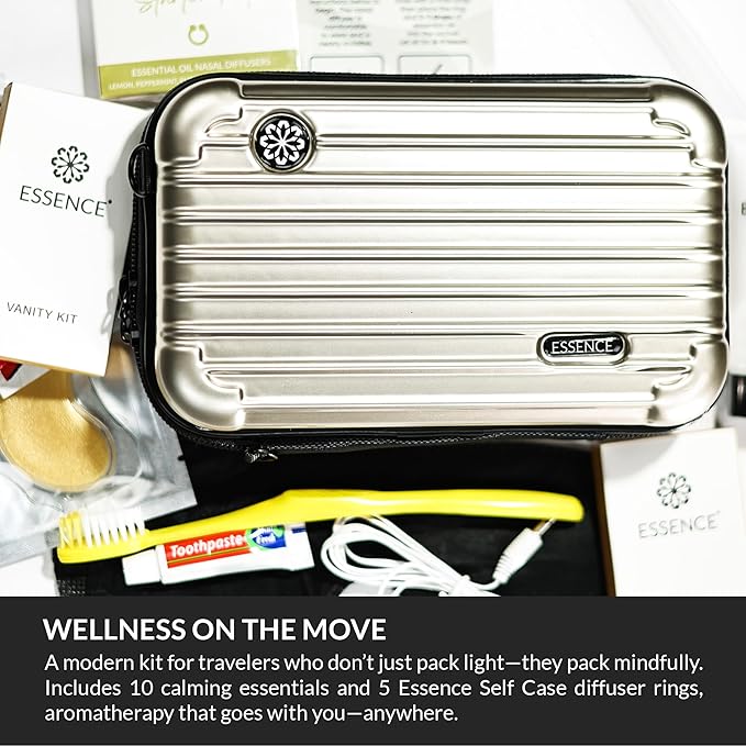 Essence Travel Amenity Kit | Travel Essentials & Travel Size Toiletries Kit | 5-Pack Nasal Diffuser Rings, Sleep Mask, Lotion & Hygiene Kit | Travel Toiletry Kit for Women | Gold Case