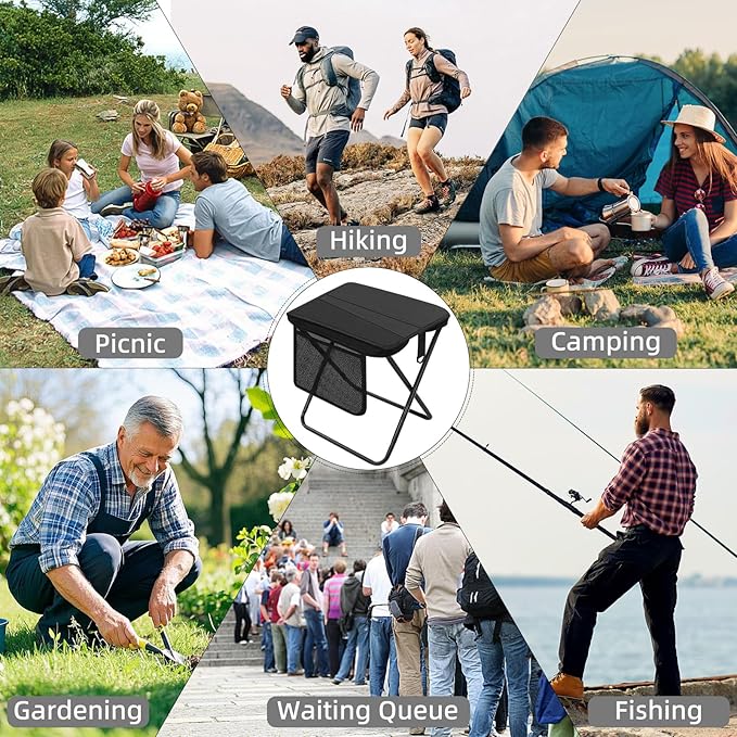 Portable Folding Camp Stool with Side Pocket, Taller Foldable Camping Stool for Adults, Metal Backpacking Stool Lightweight Mini Folding Chair, Compact Camping Seat Travel Fishing Hiking Mobile Chair