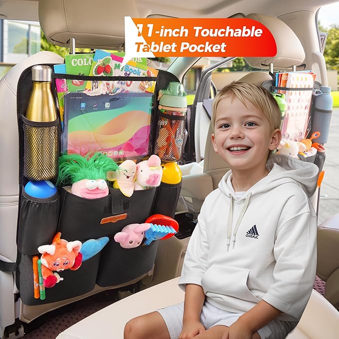 SURDOCA Upgraded Car Organizer with 11-inch Tablet Holder, 8 Pockets, Car Seat Protector for Road Trips - Car Storage and Organizers for Kids, Grey 1PC