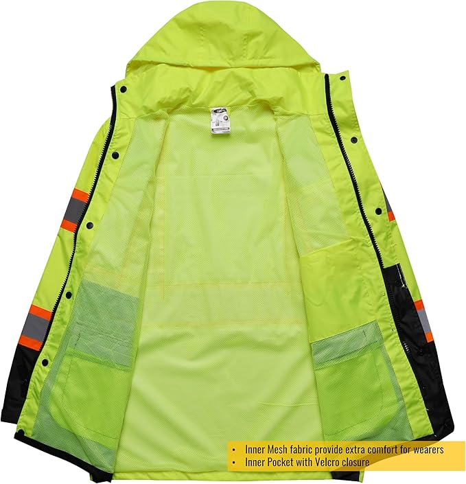JKSafety Hi-Vis Reflective Safety Rain Jacket and Pants for Men Women Waterproof Rain Gears for Farming Fishing Work HV Rain Suit with Inner Mesh Lining and Pockets (117-Yellow 3XL)