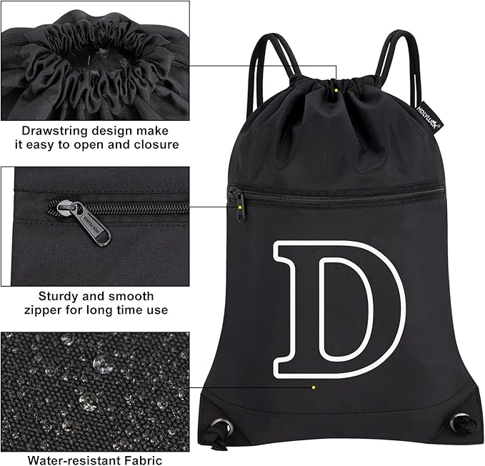 HOLYLUCK Drawstring Bags Initial Backpack Sackpack Cinch Bags for Sports, Gym, Travel, Beach (Black-D)