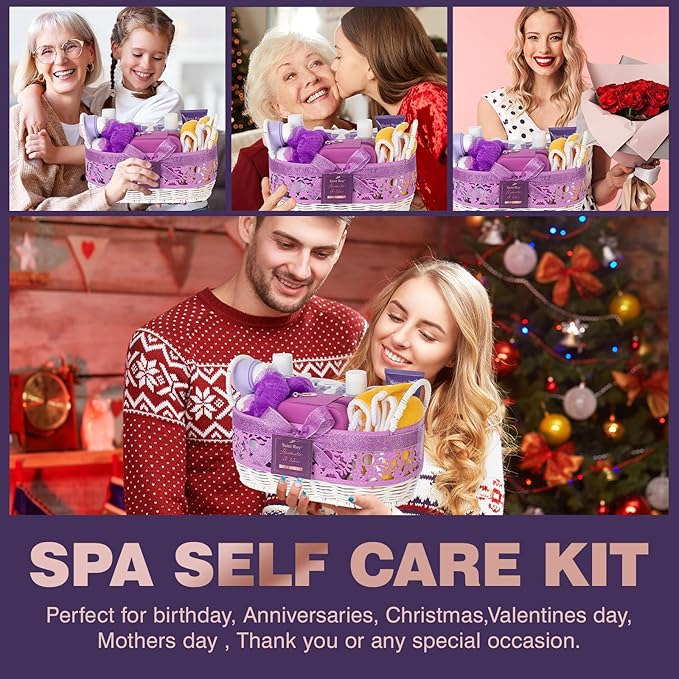 Mothers Day Gifts for Women, 25Pcs Lavender Bath and Body Gift Basket, Facial Skin Care Set, Spa Kit, Self-Care Set, Home Spa Basket set, Necklace, Birthday, Christmas, Mother Day, Anniversary