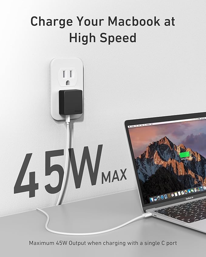 Nekmit Flat USB C Wall Charger, 45W Dual Port PPS Fast USB Charger Block(1*USB-C & 1*USB-A), Slim USB C Wall Plug for iPhone 17/16 and More Series, MacBook Air, iPad