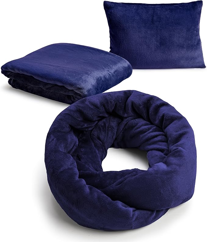 NAPRO 3‑in‑1 Travel Blanket Pillow Scarf – Convertible 50×80″ Blanket, 12×16″ Pillow, 80″ Infinity Neck Pillow – Lightweight, Plush – Navy Blue