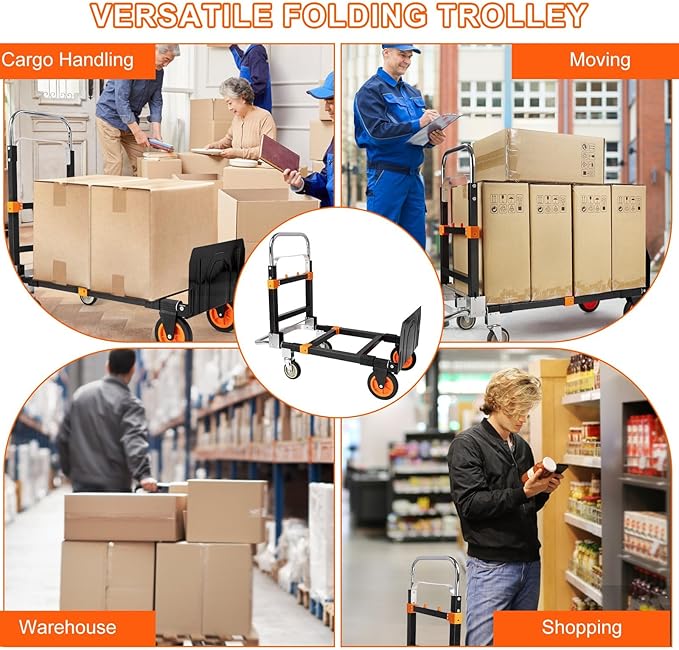 3-in-1 Aluminum Hand Truck Dolly, 660 lbs Heavy Duty Folding Trolley with Universal Wheels, Collapsible Platform Truck with Tie Down Straps for Warehouse, Supermarket, Office