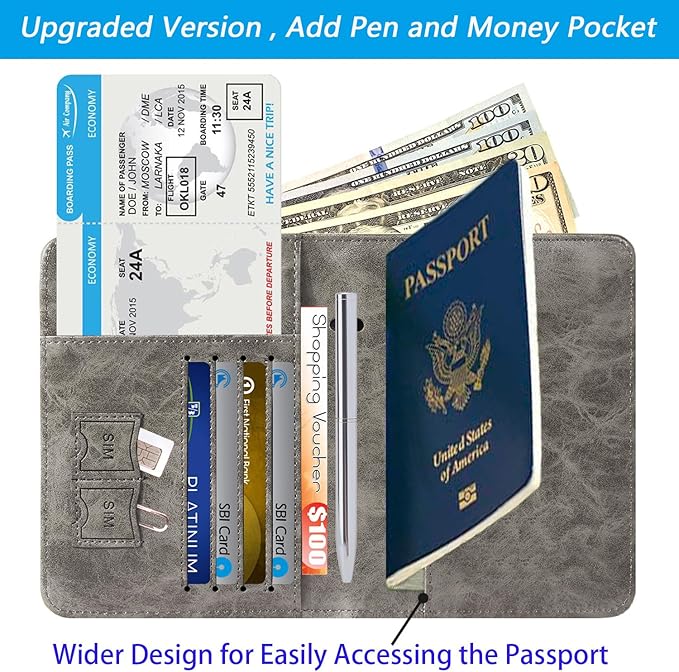 Passport Holder With Luggage Tag Travel Essentials Passport Cover Wallet RFID Blocking Leather Case International Must Haves Travel Accessories Women Men(115#Grey)