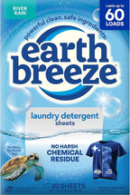 Earth Breeze Laundry Detergent Sheets River Rain - 60 Loads - Eco Laundry Sheets - Travel Laundry Detergent Soap Sheets for Hot & Cold Cycles - Tackles Tough Stains & Odors - Gentle on Skin, 30 Ct