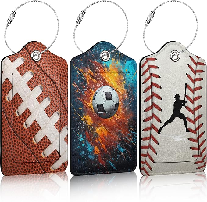 3 Pack American Football Baseball Luggage Tags for Suitcase Soccer PU Leather Travel Luggage Tag Privacy Cover ID Label for Women Men Baggage Backpack Handbag School Bag