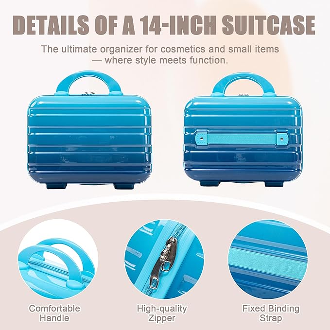 20 Inch Carry on Luggage with 14 Inch Cosmetic Case, 2 Pcs Hardshell Lightweight Durable Spinner Suitcase Set for Travel, Women, Men, TSA Lock, ABS, 20+14 Inch, Navy Light Blue