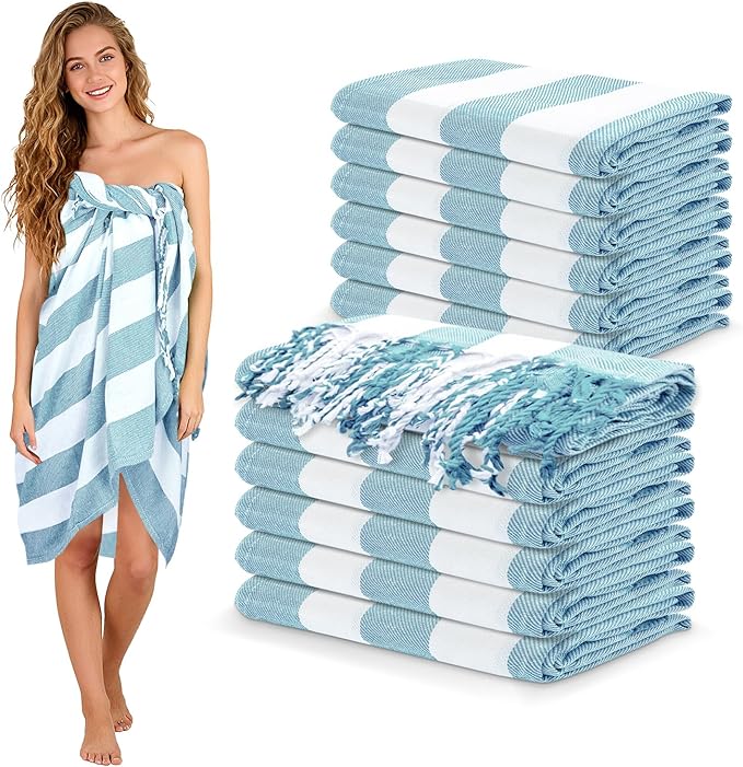 12 Pack Turkish Beach Towel 36"x71" Extra Large Beach Towels Sand Free Bath Towels Adults Lightweight Quick Dry Pool Towels Blue