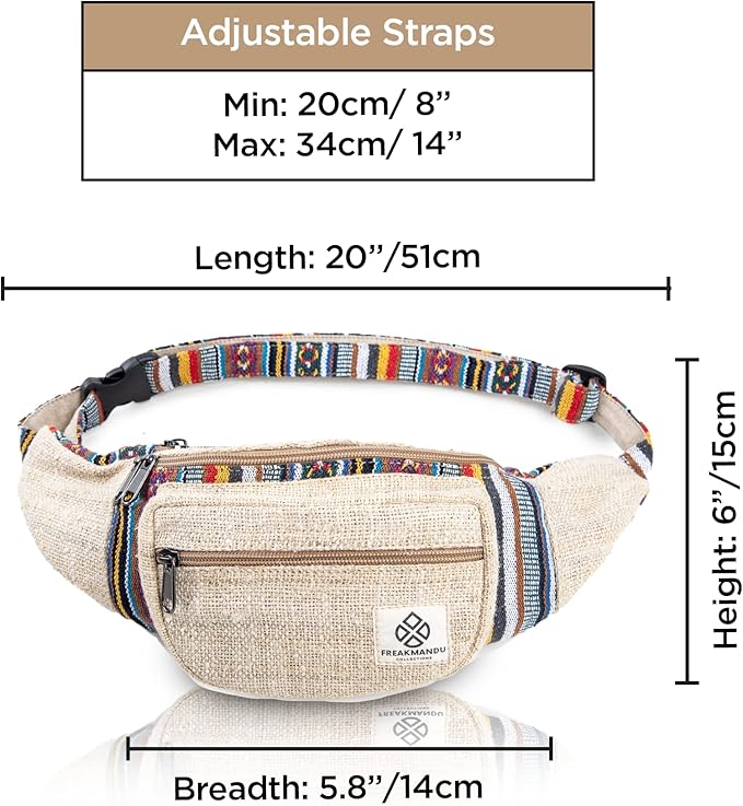 Freakmandu Eco-Friendly Boho Hippie Style Hemp Fanny Pack Hip Waist Bag for Hiking Running Jogging (Beatnik)
