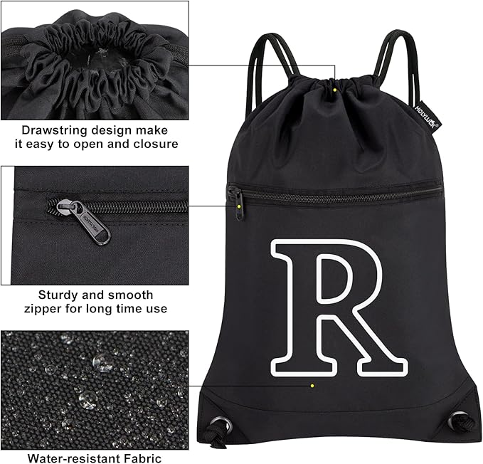 HOLYLUCK Drawstring Bags Initial Backpack Sackpack Cinch Bags for Sports, Gym, Travel, Beach (Black-R)