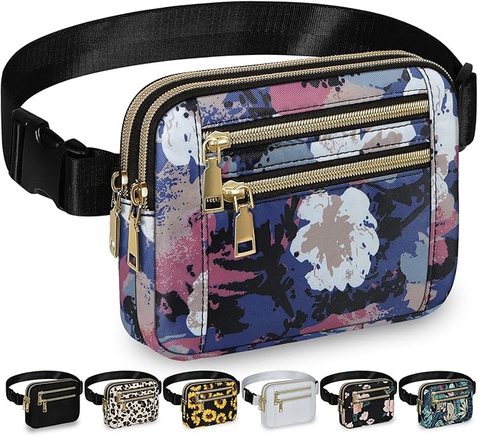 Capolo Fanny Packs for Women Fashion Waist Packs Bag with Adjustable Strap and 4 Zipper Pockets Waterproof Everywhere Crossbody Belt Bag for Workout Running Travelling(Watercolor Print, Large)