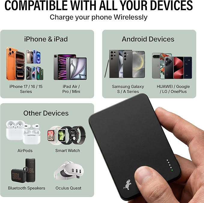 Nimble Champ Wireless 5K Portable Charger for Back of Phone, 5,000mAh Magnetic Wireless Power Bank, Qi2 Certified Fast Charging, Slim MagSafe-Compatible Battery Pack for iPhone 17/16/15/14 Series